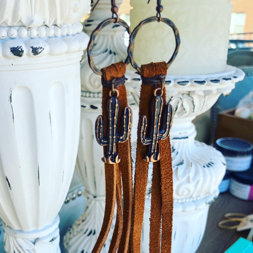 Leather Tassel Cactus Earrings